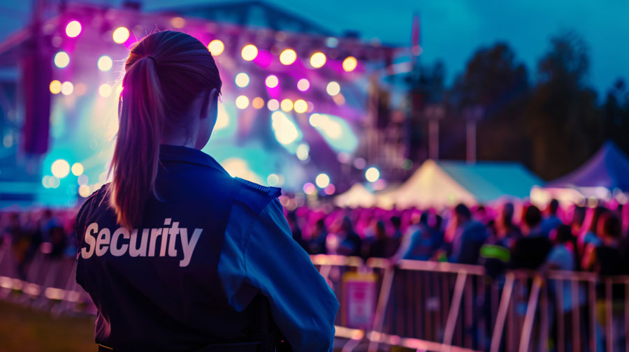Female security guard stands watch at large concert