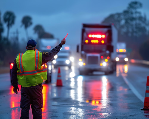 TrafficControl_PublicSafety Security guard directs traffic in the rain.