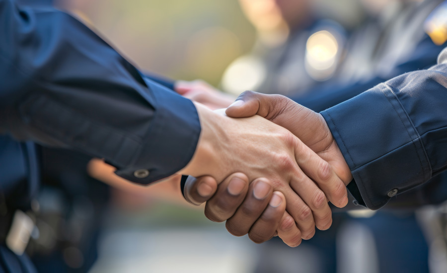 Two officers shake hands.